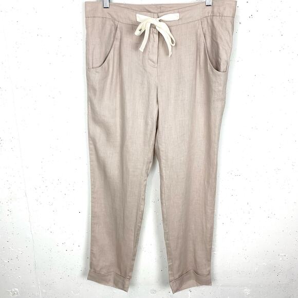 Saint Tropez West Womens Linen Pants Drawstring Waist Fixed Cuffs Tan Size 8 - Picture 1 of 8